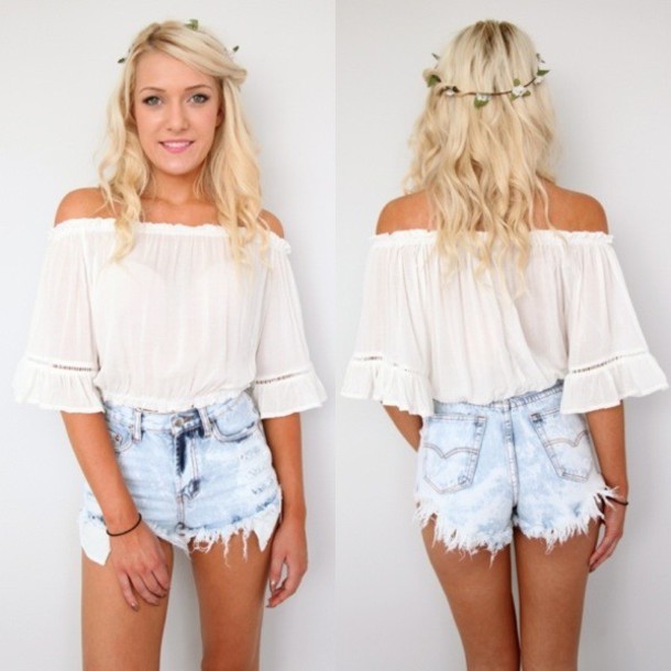 1wu74k-l-610x610-blouse-white-ivory--shoulder-trumpet+sleeves-crop-bohemian-chiffon+blouse-shorts-coachella+dress-boho