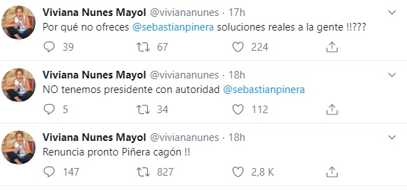 los tuits de viviana nunes increpando al presidente Piñera